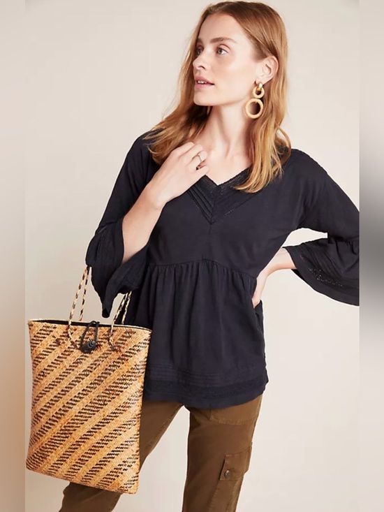 Anthropologie Tops - Anthropologie Boho Black V-Neck Babydoll Peasant Tunic women’s size M